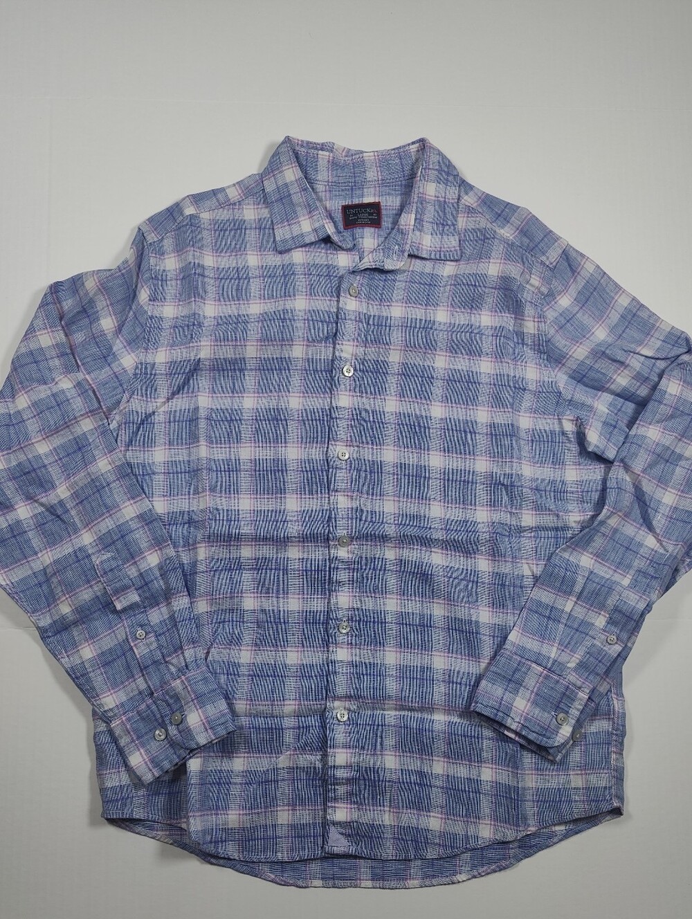 Untuckit 100% Linen Blue White Check Slim Fit Wrinkle Resistant Shirt Size L